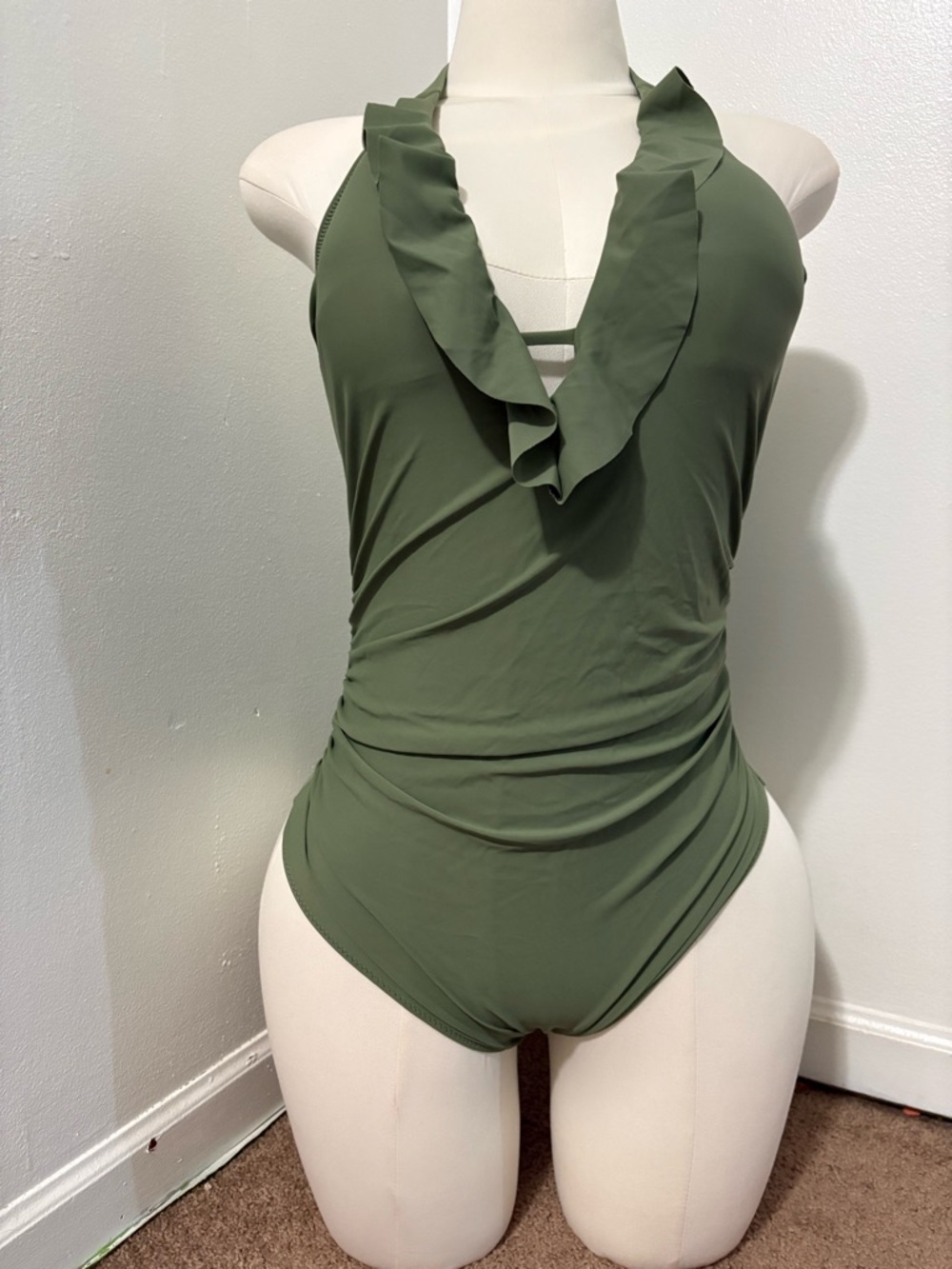 Olive Ruffle Halter One-Piece Swimsuit - Women NWOT